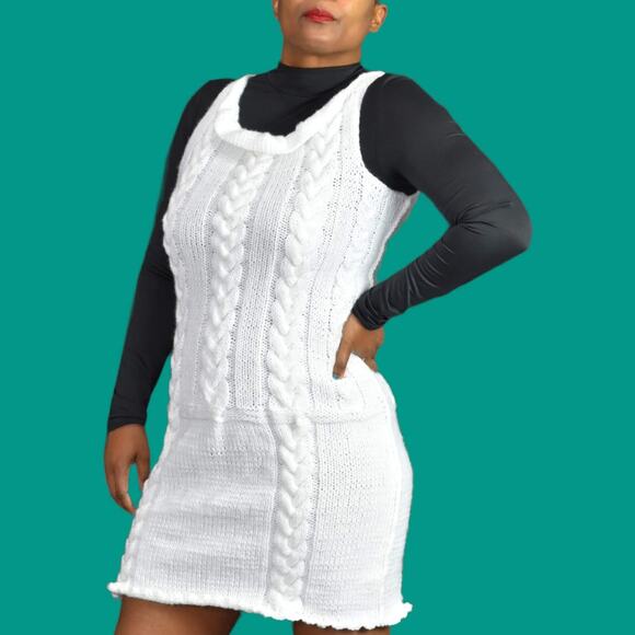 Sweater Knit Dress White Handmade Chunky Cable Sleeveless Mini Pencil Size Small - Picture 10 of 12